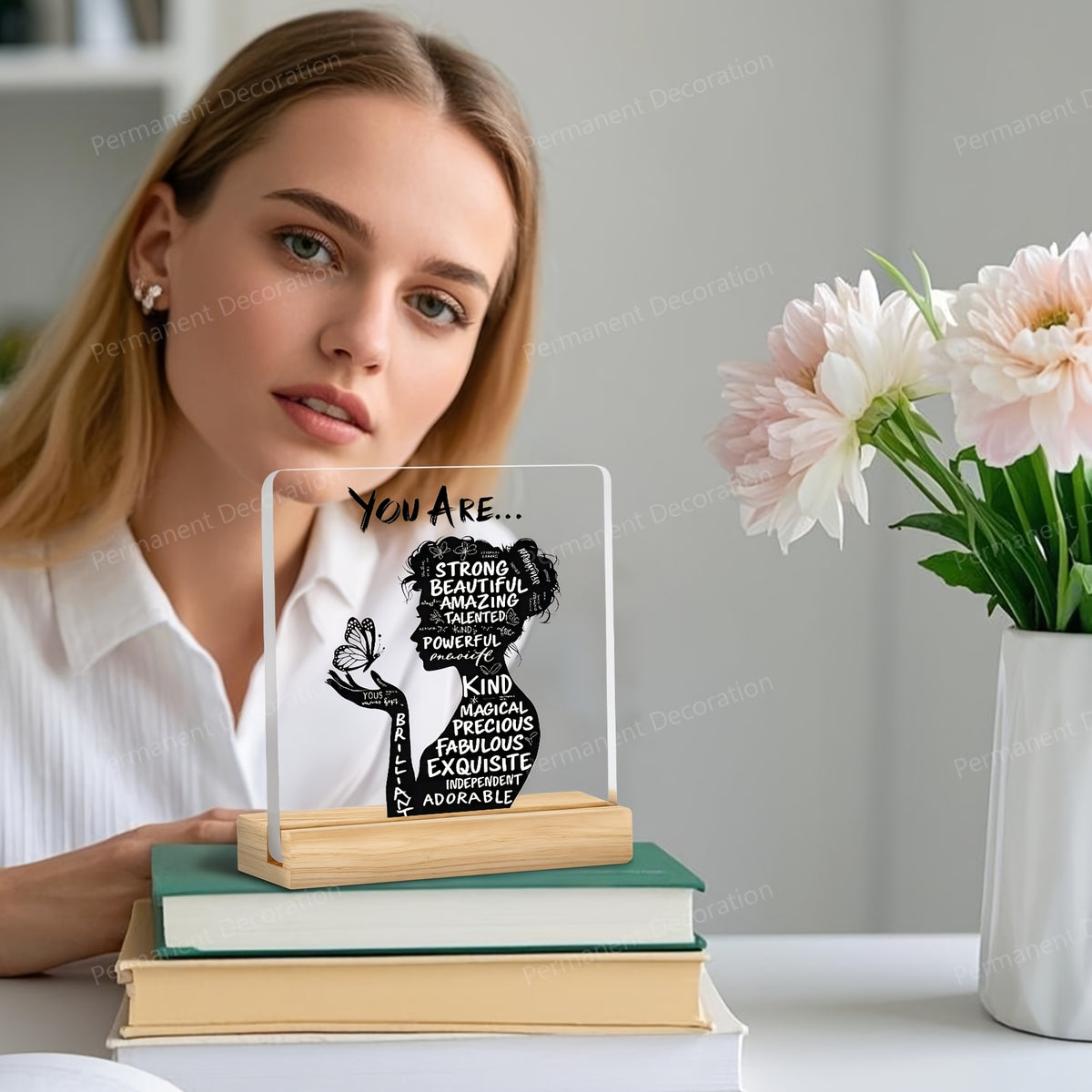 Positive Affirmation Desk Decor, 1-Piece Flat Acrylic Decoration with You Are Powerful, Beautiful, Amazing Message for Home Office and Encouragement Gifts