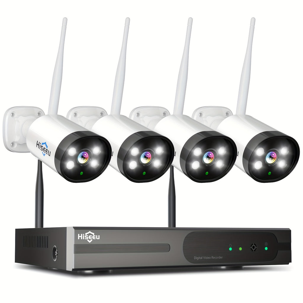 Hiseeu Wireless NVR Security Camera System with Four Listed 3MP Cameras, 10-Channel Recorder, Color Night Vision, Two-Way Audio and Dual-Band WiFi