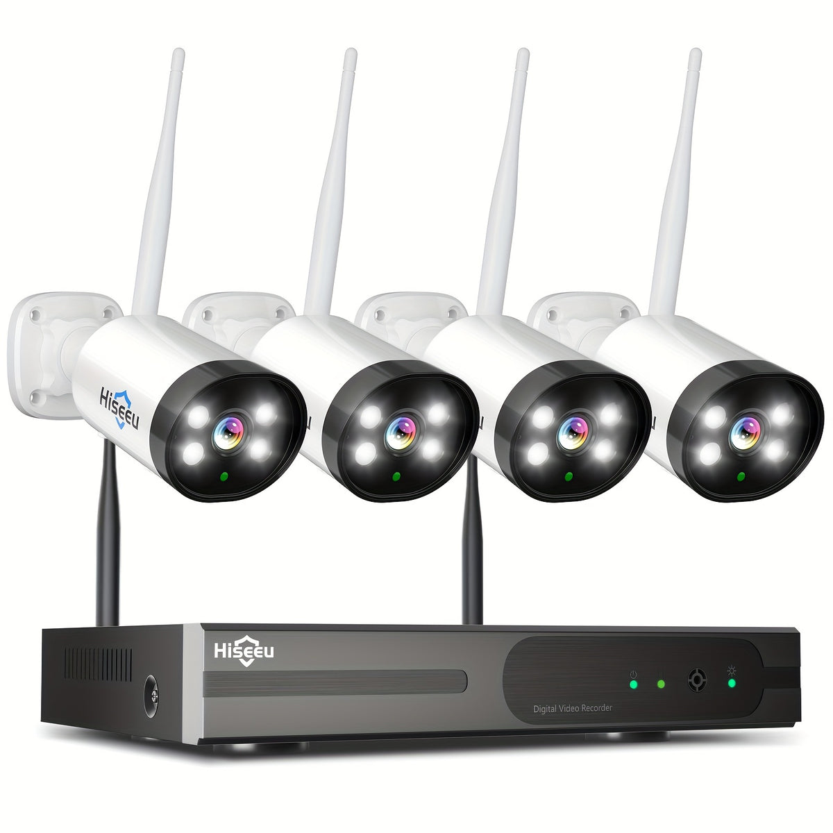 Hiseeu Wireless NVR Security Camera System with Four Listed 3MP Cameras, 10-Channel Recorder, Color Night Vision, Two-Way Audio and Dual-Band WiFi