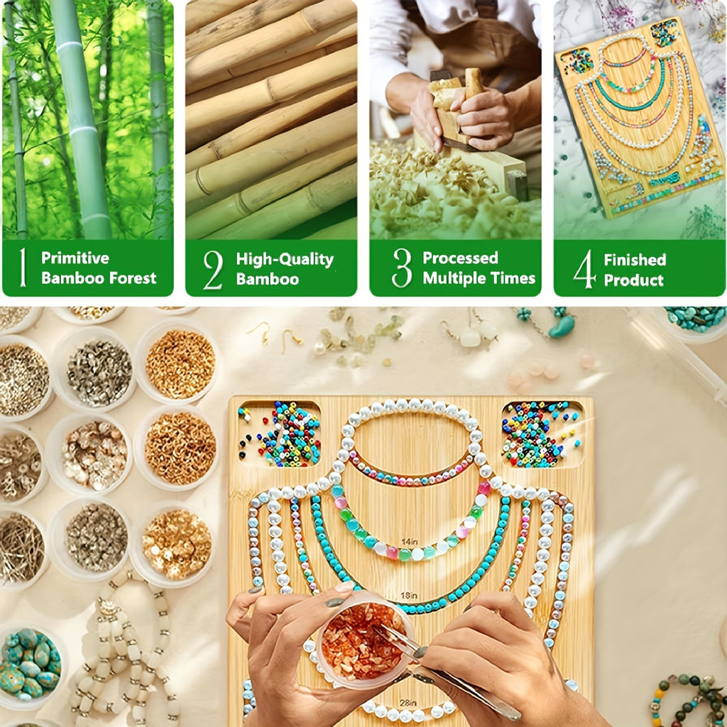 Bamboo Bead Design Board, Apricot Jewelry Layout Tray with Engraved Measurement Markings and Storage Grooves for Planning Bracelets and Necklaces