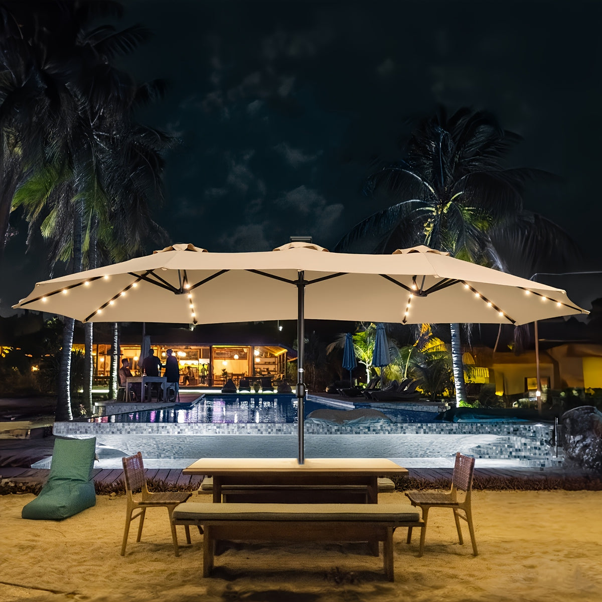 Double-Sided Solar Patio Umbrella with 48 LED Lights, 15ft Outdoor Shade Canopy with Crank Handle, 12 Ribs, Base and Four Sandbags in Blue or Light Blue