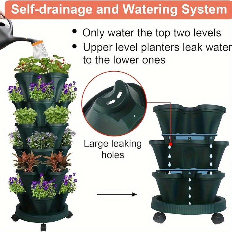 Five-Layer Stackable Planter Set for Vertical Gardening, Five Color Options with Listed Moving Wheels and Tools for Flowers, Herbs and Suitable Strawberry Plants