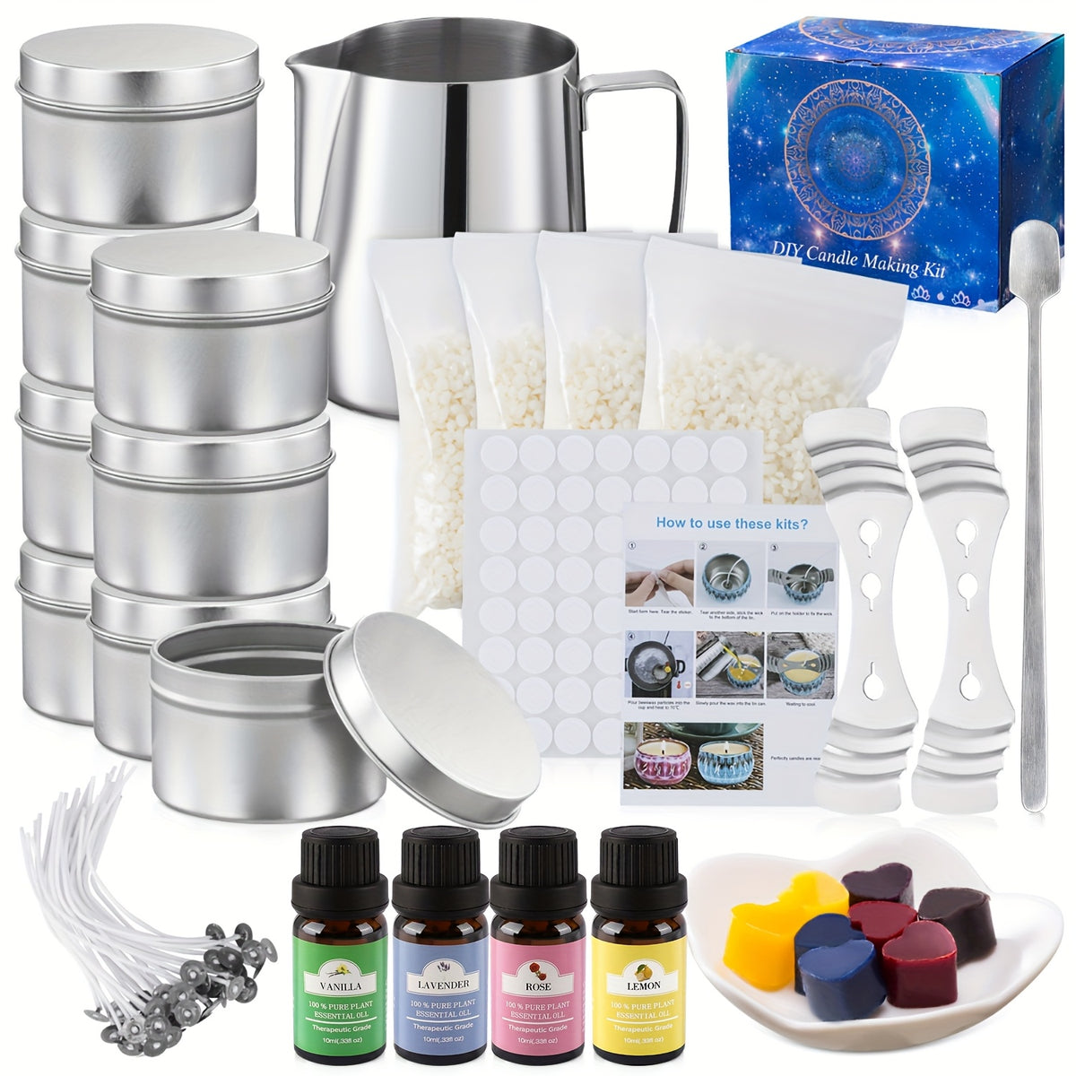DIY Candle Making Supply Kit for Adult Beginners with Listed Fragrance Oils, Pouring Pot, Stirring Spoon, Measuring Cup, Jar and Colorants for Handmade Gifts