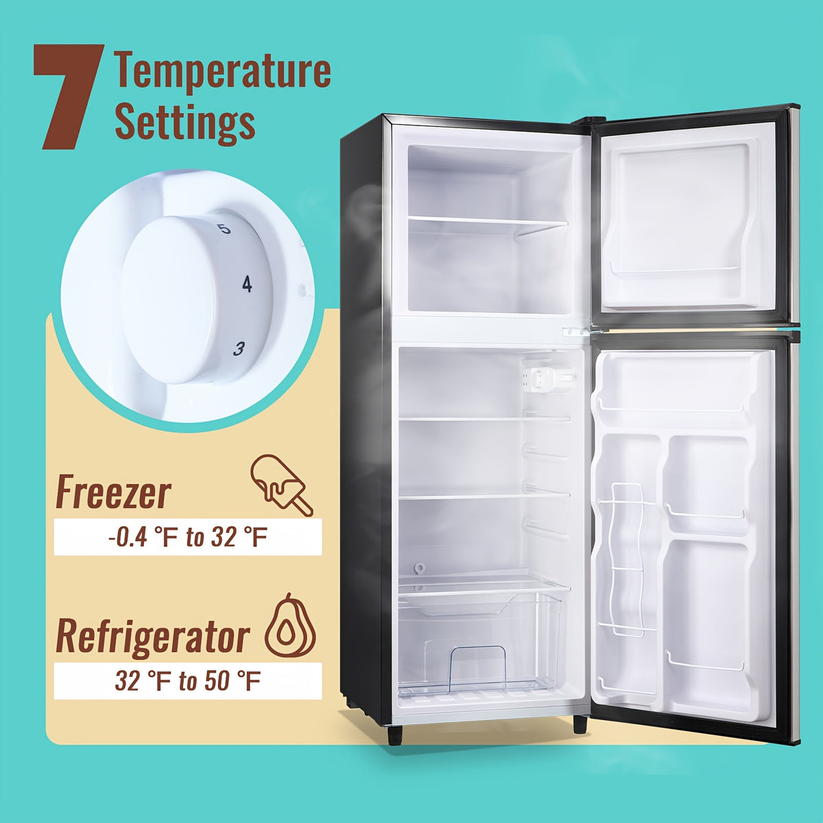 Compact Fridge Freezer by WANAI, Double-Door 3.5 or 4.5 Cu Ft Options with Seven-Level Thermostat, Removable Shelves and Listed LED Light for Apartment and Office