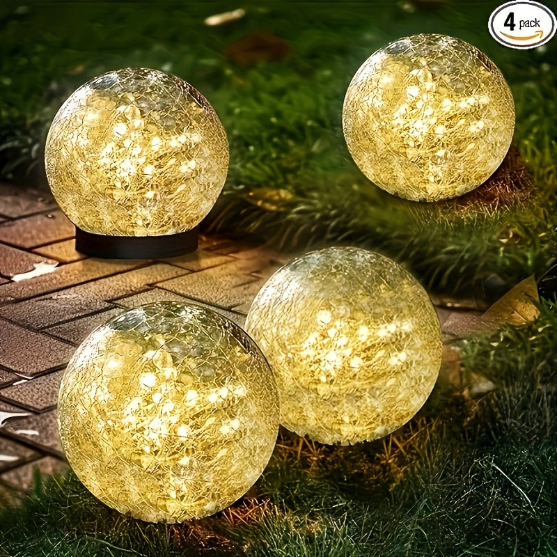 Warm White Solar Crackle Glass Ball Lights with Ground Stake Wording, Four, Six or Eight-Piece Packs for Decorative Garden Borders, Patios and Event Displays