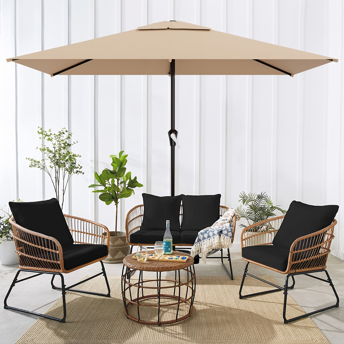 Rectangular Patio Umbrella with Listed 6.5 x 10 ft Canopy, Crank Operation and Six Ribs, Eight Color Options for Outdoor Dining Tables, Decks and Poolside Seating