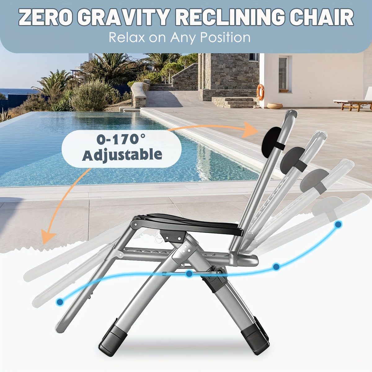 Zero Gravity Folding Lounge Chair with Listed Detachable Cushion and Cup Holder, Reclining Seat in Black, Gray, Light Gray or Blue and Gray Options
