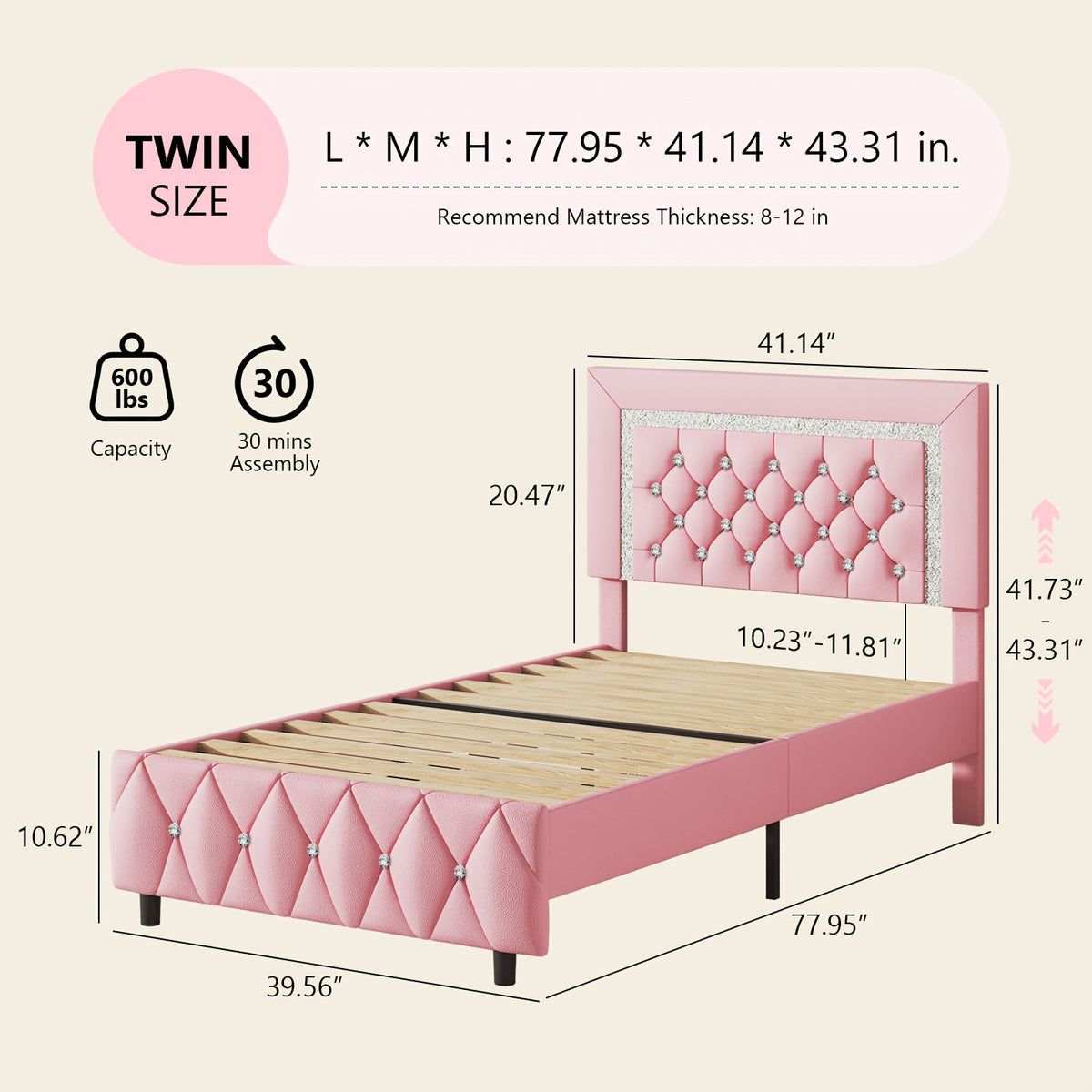 Diamond Design Platform Bed Frame by HOMBCK with Adjustable Headboard and Wooden Slat Support, No Box Spring Needed, Twin to King in Five Colors