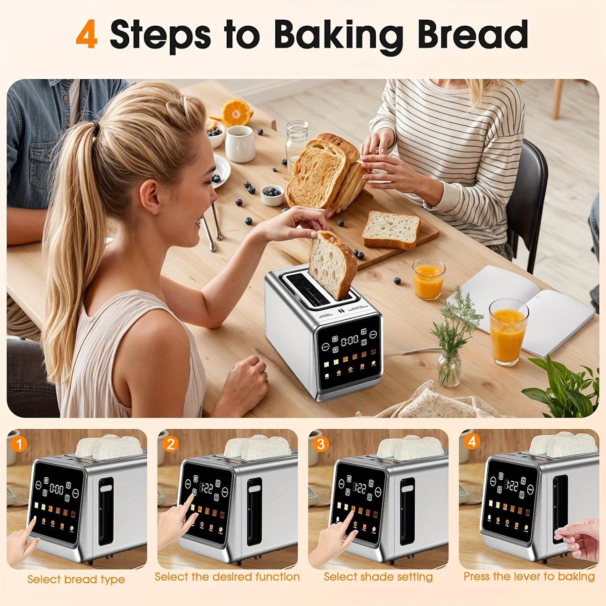Digital Touchscreen Toaster, 2-Slice 900W Stainless Steel Model with 1.5-Inch Wide Slots, Memory Function, 5 Bread Types and 6 Shade Settings