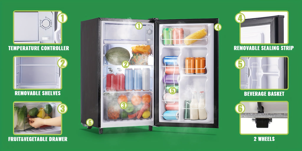 Single-Door Mini Fridge by WANAI with Listed Freezer Compartment, Adjustable Thermostat and Removable Shelves in Four 43-Series Color Labels for Dorm and Office