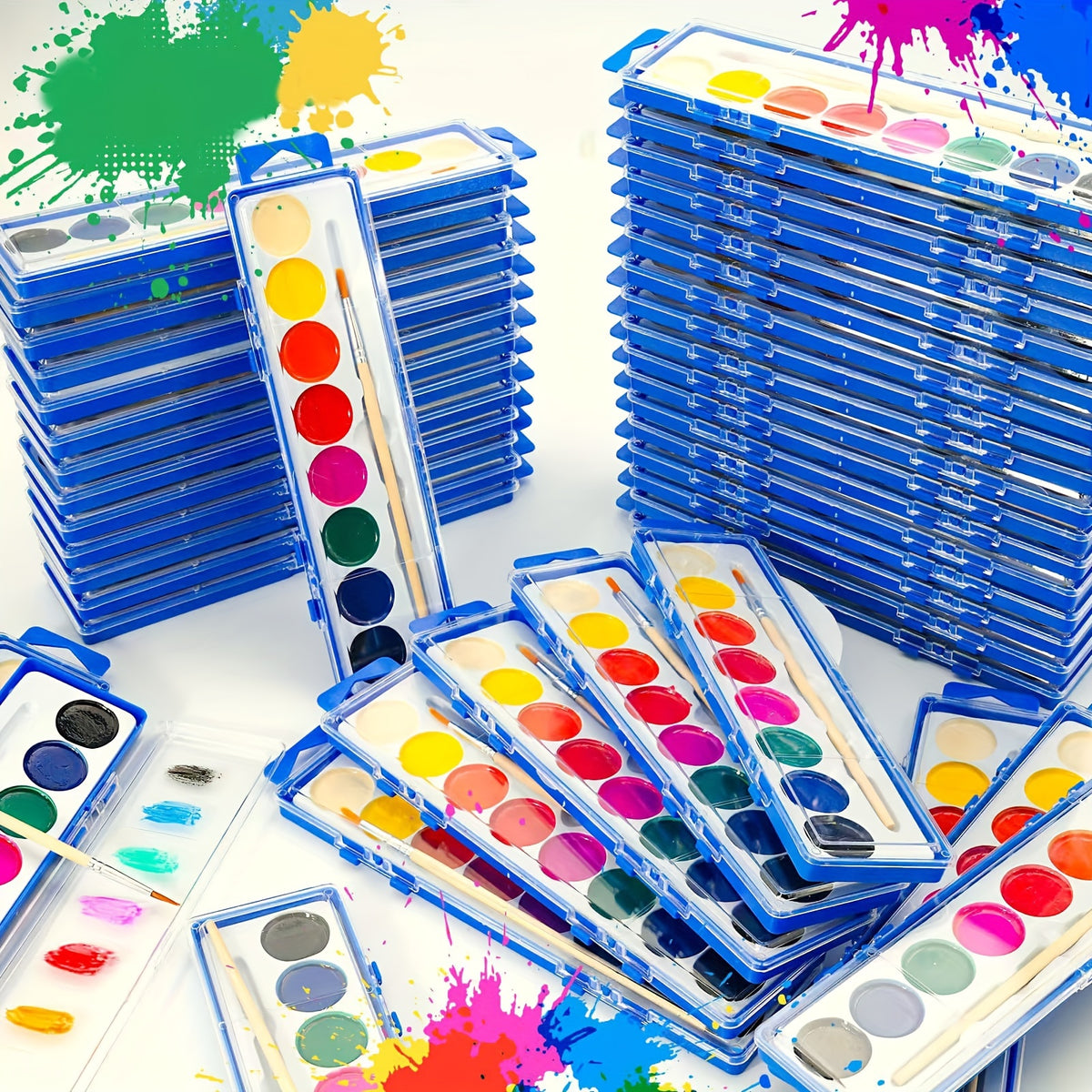 Bulk Watercolor Paint Set with Eight Listed Colors and Paintbrushes, 24pcs, 36pcs or 48pcs Options for Group Art Lessons, Painting Parties and Creative Favors