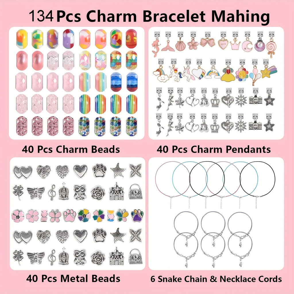 Charm Bracelet Making Kit with 134 Listed Pieces, 120 Beads, Six Bracelets and Six Necklaces with Jewelry Box and Gift Bag for Personalized DIY Jewelry Projects