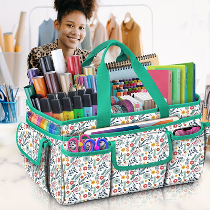 Craft Storage Tote Bag by FINPAC, Spring Floral Polyester Organizer with 12 External Pockets and Carry Handle, 14.5 x 9 x 8 Inches for Sewing and Art, Bag Only