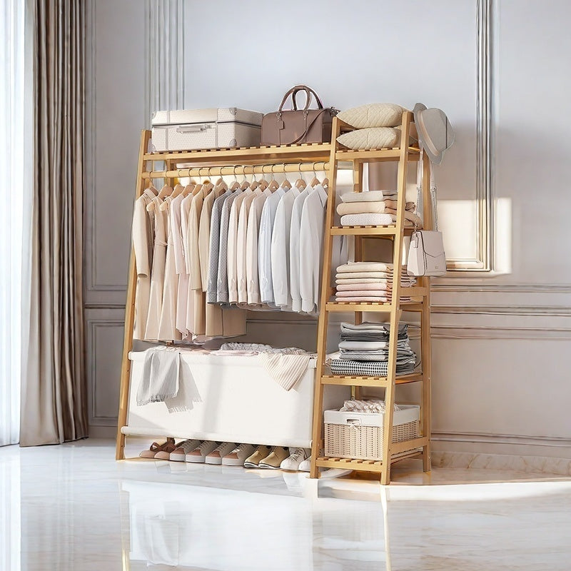 Bamboo Garment Rack with Adjustable Shelves, Five Side Storage Racks and Hat Hooks for Bedroom Organization, Brown or Nature with Four Size and Bag Option Labels
