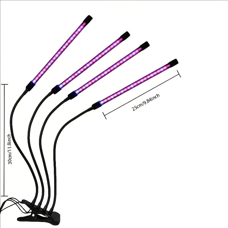 Clamp LED Grow Light with One, Three or Four-Tube Options, Listed Five Brightness Levels and 3, 9 or 12-Hour Timer for Indoor Plant Care and Home Gardening
