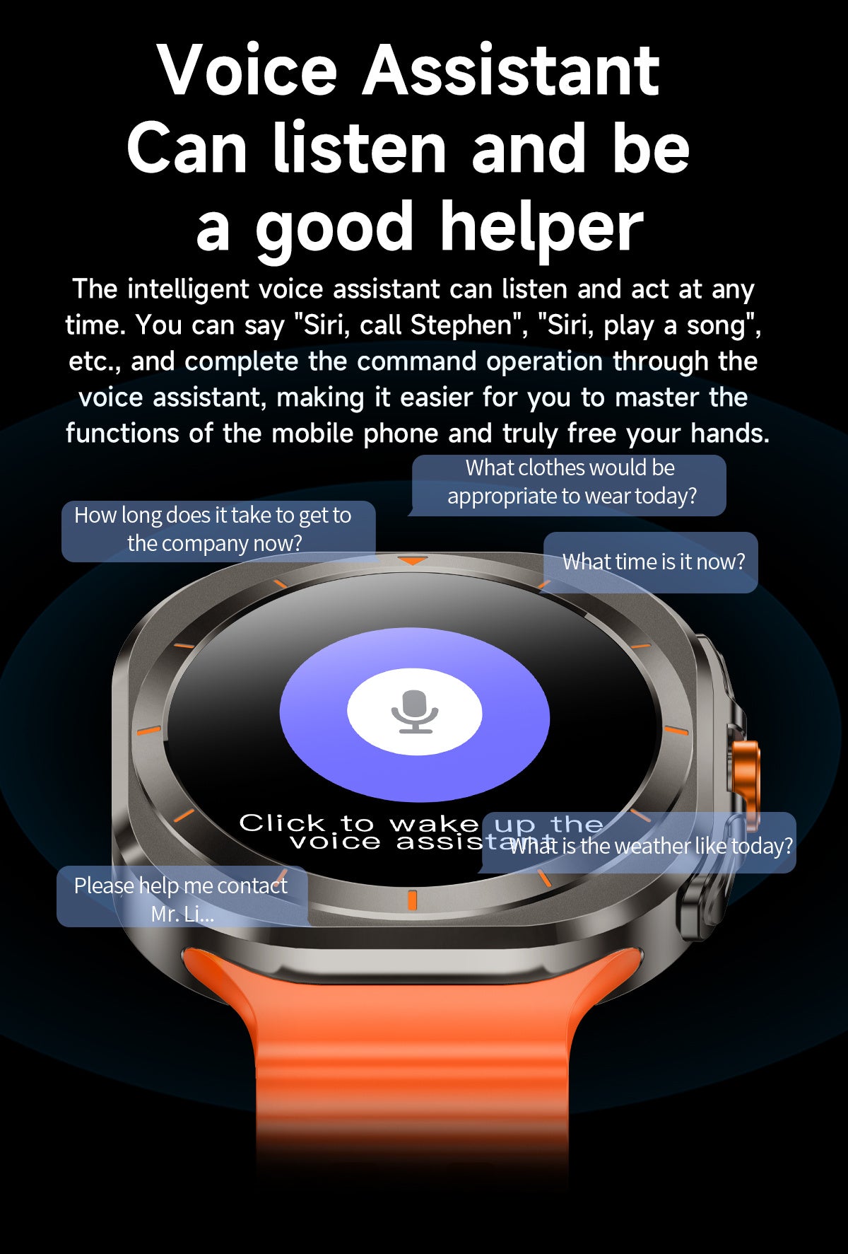 Wireless Calling Smartwatch with Customizable Watch Faces, Listed 100 Modes and Voice Assistant, Orange, Black, White or Blue Watch for Everyday Activity Tracking