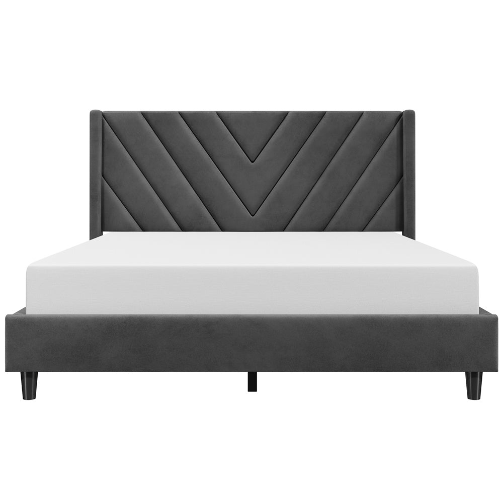 Velvet Platform Bed Frame by Costoffs with Wingback Headboard and Geometric Stitching, Wooden Slat Support, No Box Spring Needed, Twin to King Options