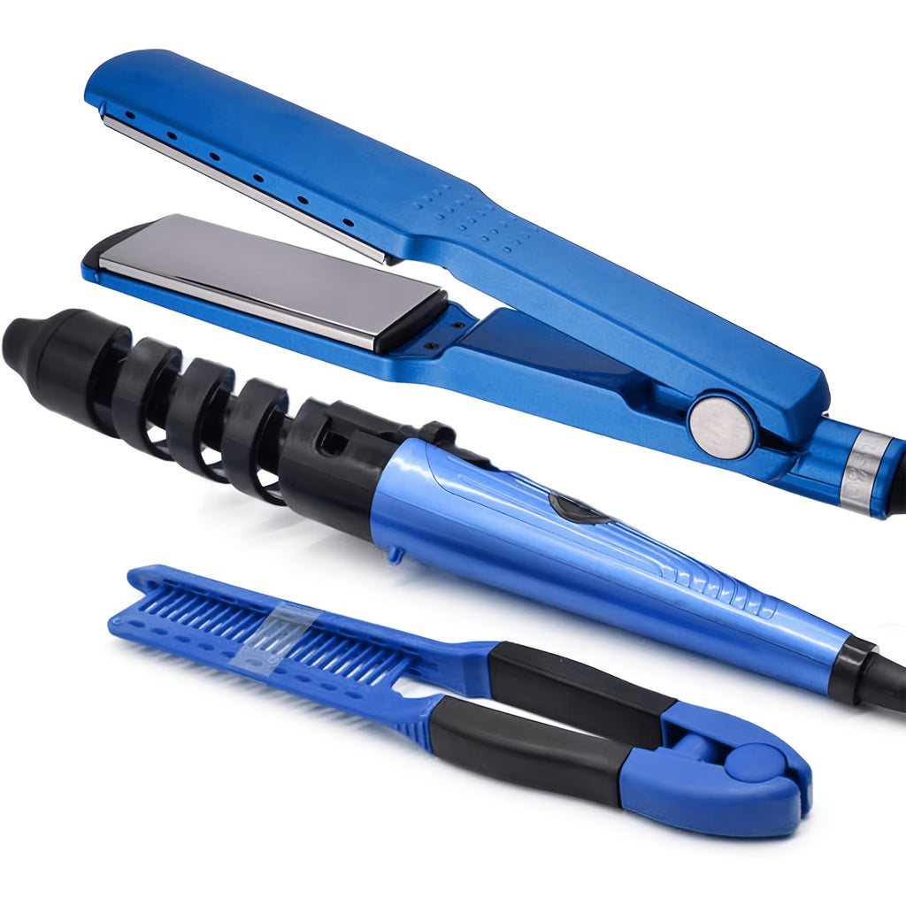 Flat Iron and Curling Iron Hair Styling Set with Comb, Upgraded Three-in-One Kit for Straight Hair, Curls and Wave Styling Routines, Birthday or Mother's Day Gift Idea