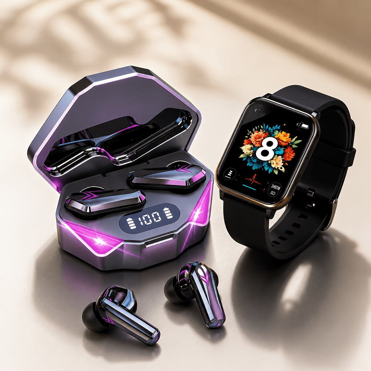 Smartwatch and Earbuds Set, Bluetooth Smart Watch with Wireless Earphones, Calling & Message Alerts, Health & Sleep Monitoring, Activity Tracking, Sports Watch, 3 Combo Options