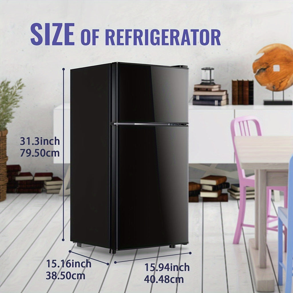Double-Door Mini Refrigerator by DEMULLER with Listed 2.4 Cu Ft Capacity, Top Freezer, Two Removable Plastic Shelves and Adjustable Feet for Apartments and Dorms