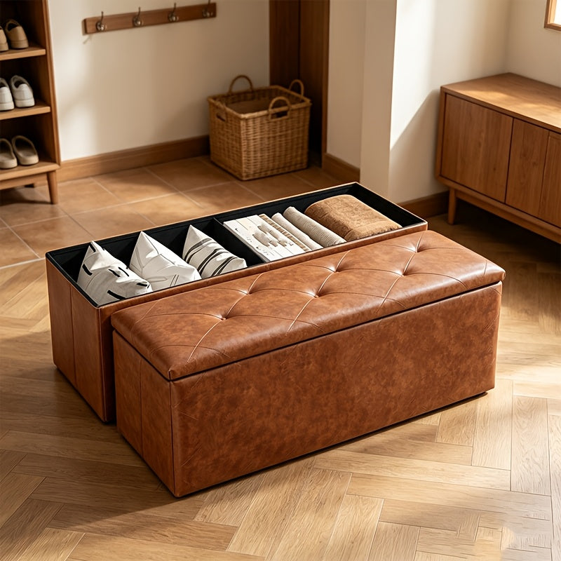 Padded Storage Ottoman Bench with Folding Design, 30IN or 43IN Labels and Faux Leather or Linen-Labeled Color Options for Bedroom, Entryway and Living Room