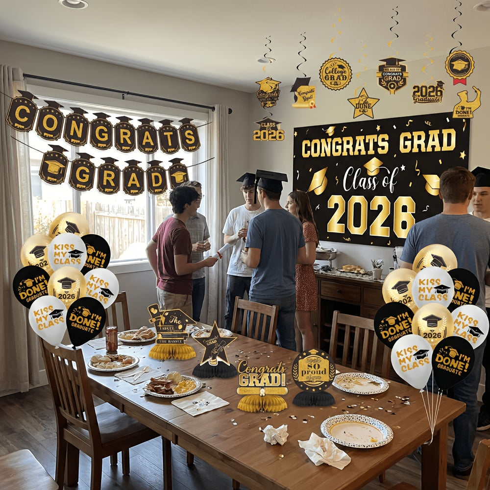 Graduation Party Decorations Class of 2026 Set with Backdrop Banner, Hanging Swirls, Balloons and Honeycomb Decor for Home Celebrations