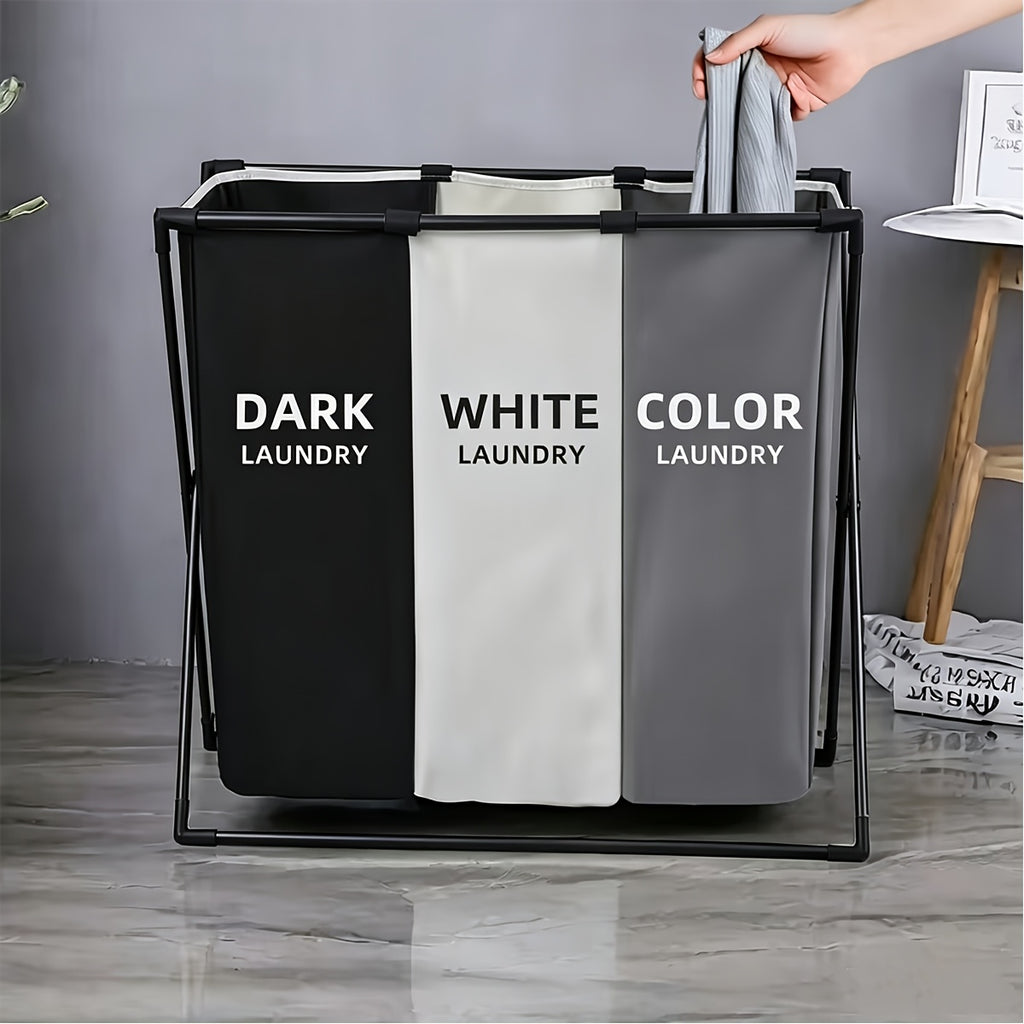 Three-Section Foldable Laundry Hamper Sorter with Listed Oxford Bags and Handles, Rectangular 3 BAG Option for Bedroom, Bathroom and College Dorm Organization