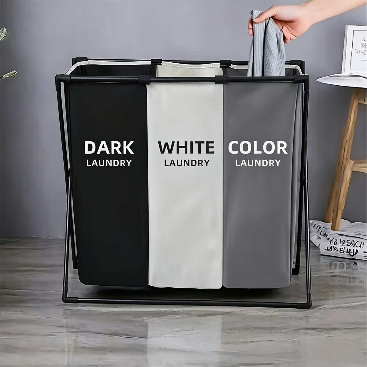 Three-Section Foldable Laundry Hamper Sorter with Listed Oxford Bags and Handles, Rectangular 3 BAG Option for Bedroom, Bathroom and College Dorm Organization