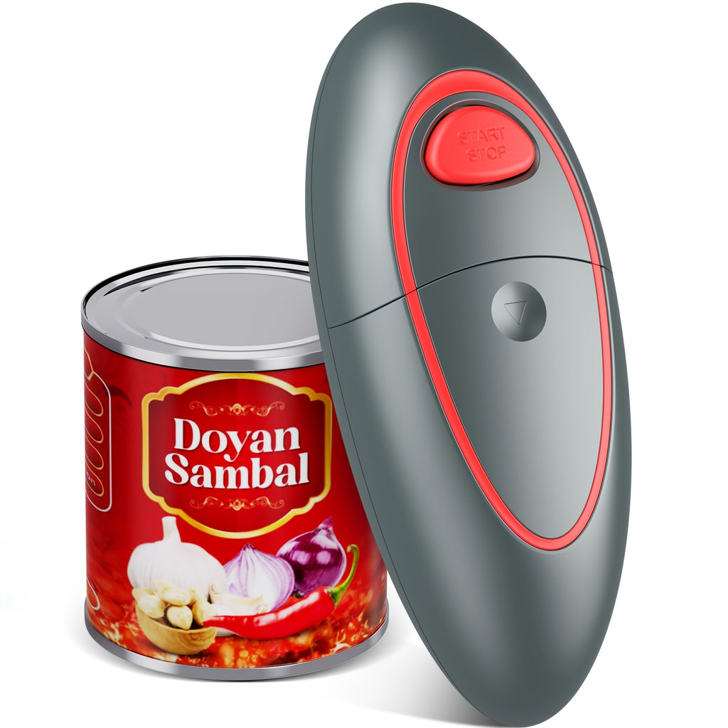One-Touch Electric Can Opener by Hattyroom with Portable Design and Listed Smooth-Edge Cutting, Black, Grey Red 2 or White Red for Kitchen Meal Prep