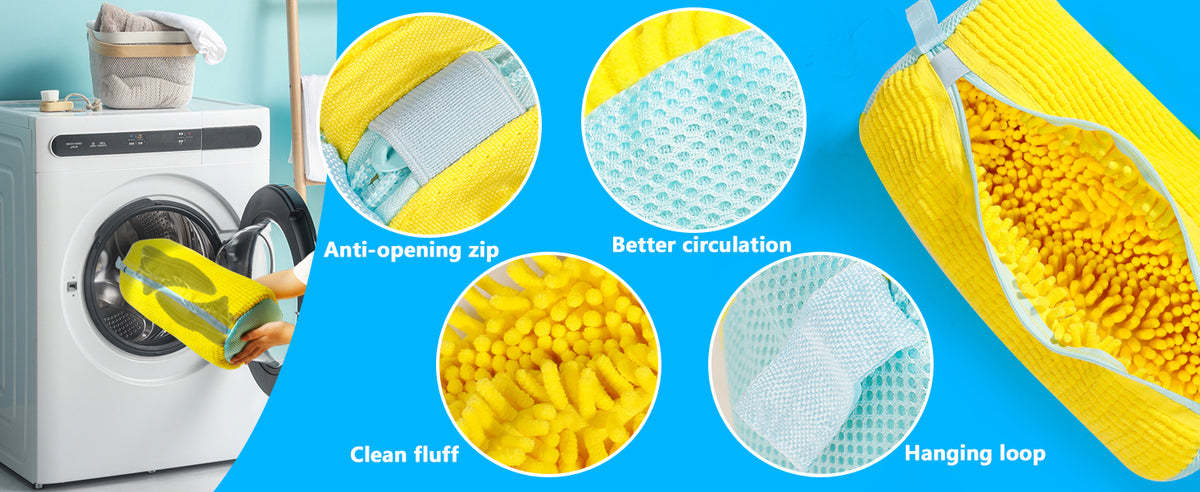 Chenille Shoe Washing Bag in Yellow with Soft Interior, Nylon Zipper and Elastic End Cover for Machine-Washable Sneakers and Household Footwear Laundry