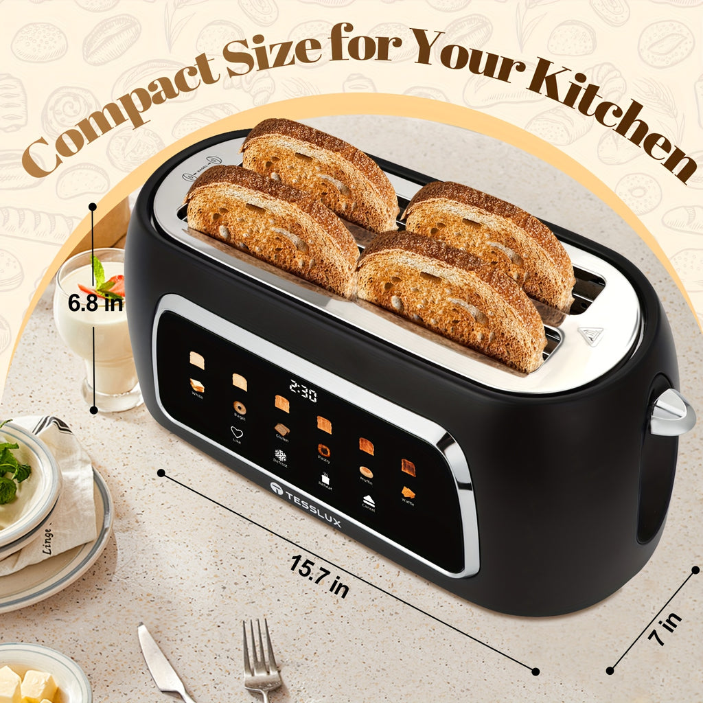 TESSLUX Four Slice Touchscreen Toaster with 1.5-Inch Wide Long Slots, Six Browning Levels and Bread Types, Digital Timer, Memory, Defrost and Reheat