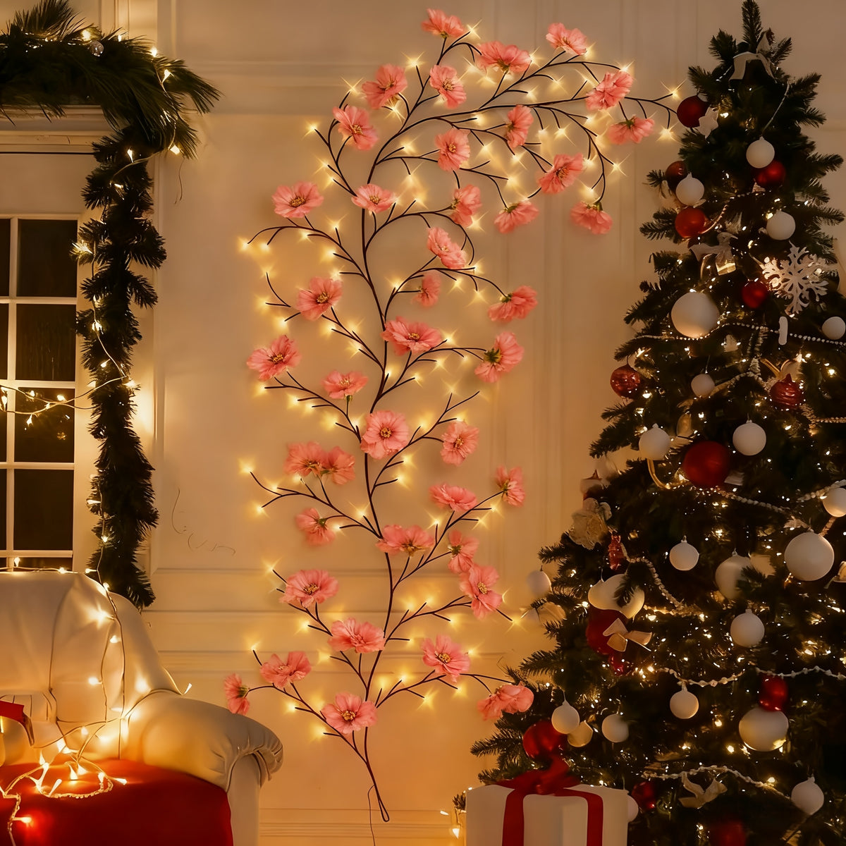 USB-Powered Decorative Fairy Lights by AMill with Cherry Blossom Garland Reference, Dimmable Indoor Lighting and Firework, 96LED, Pink or Butterfly Options