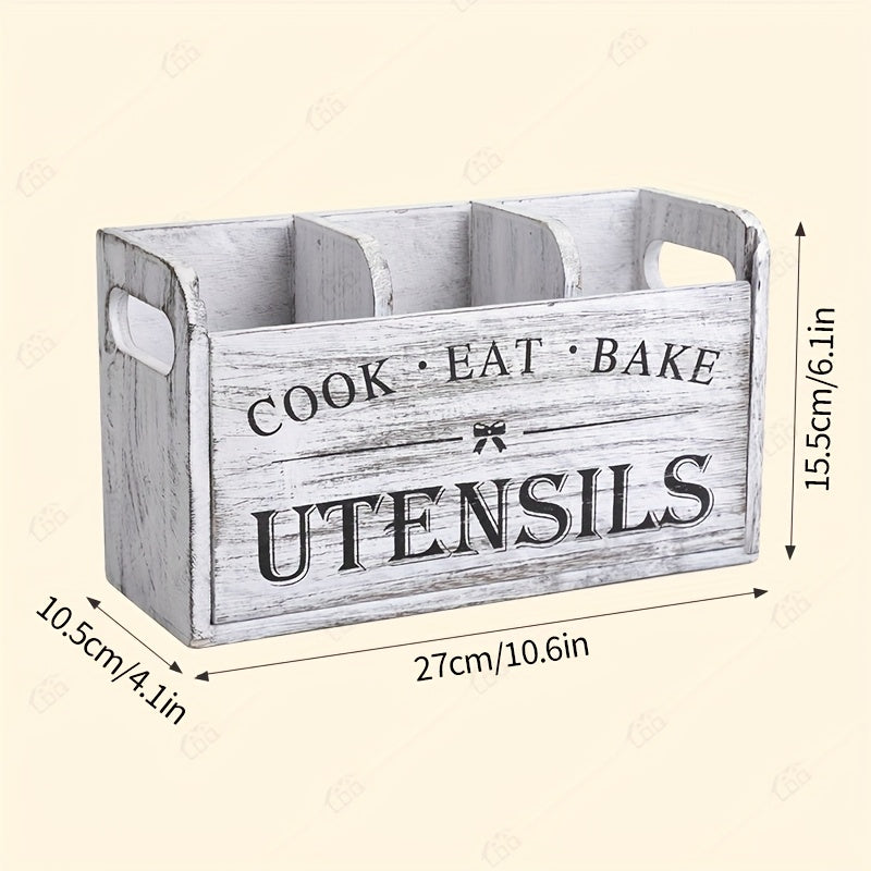 Wooden Kitchen Utensil Holder by LDQ, Rustic Countertop Organizer in Black or White with Two-Compartment Options for Forks, Spoons and Whisks