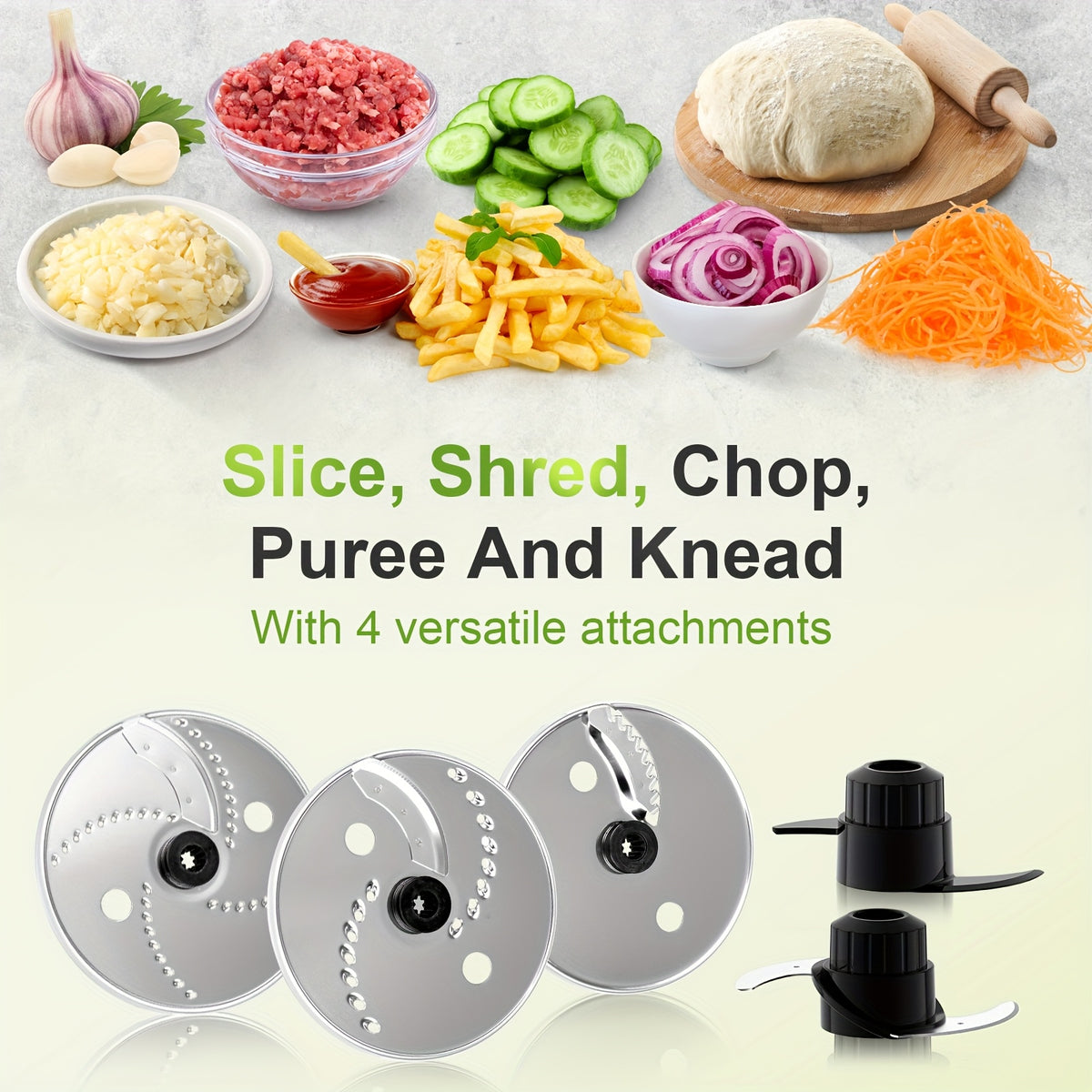 600W Food Processor with 12-Cup Bowl, Food Chute and Pusher, Listed Chopping, Slicing, Shredding, Puree and Dough Functions in Black or Silvery