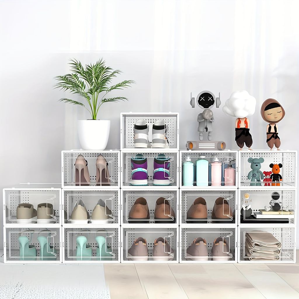 Clear Stackable Sneaker Boxes with Lids, Modular Plastic Shoe Storage Containers in Black or White and 6, 12 or 24 Pack Options for Closet Organization