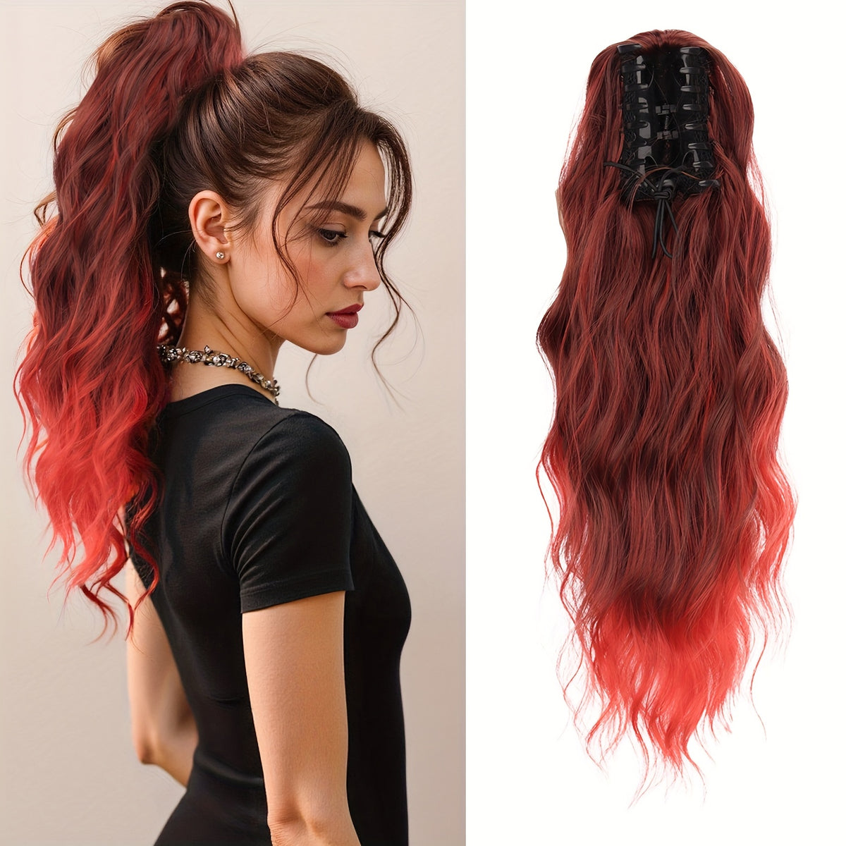 16-Inch Water Wave Ponytail Extension for Women, Synthetic Curly Hairpiece with Clip Attachment and Multiple Color Options for Daily Wear and Parties