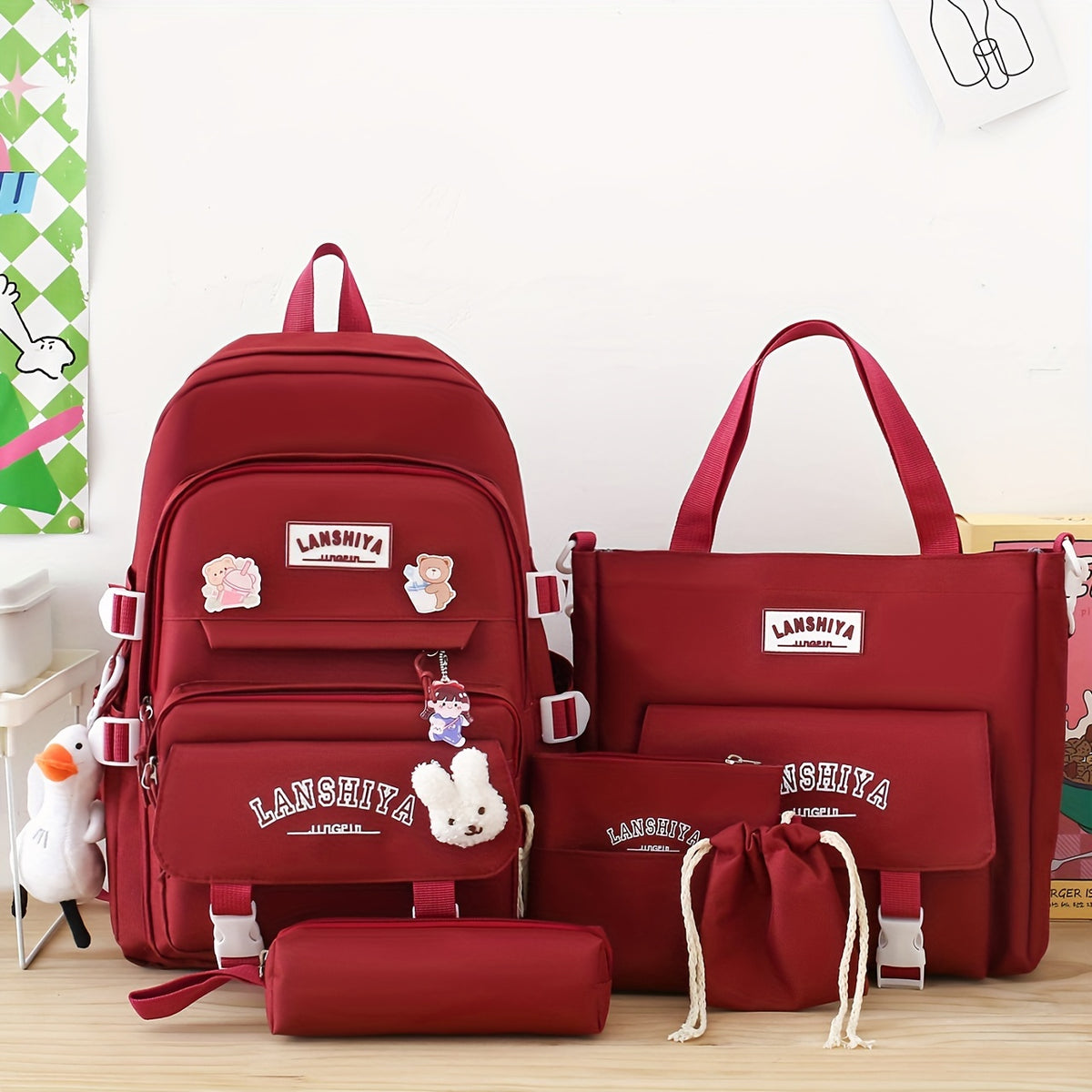 Solid-Color Canvas Backpack Set with Listed Five-Piece Format, Tote, Pencil Bag and Crossbody Wording, Four Pendant-Labeled Color Options for Student Daily Carry