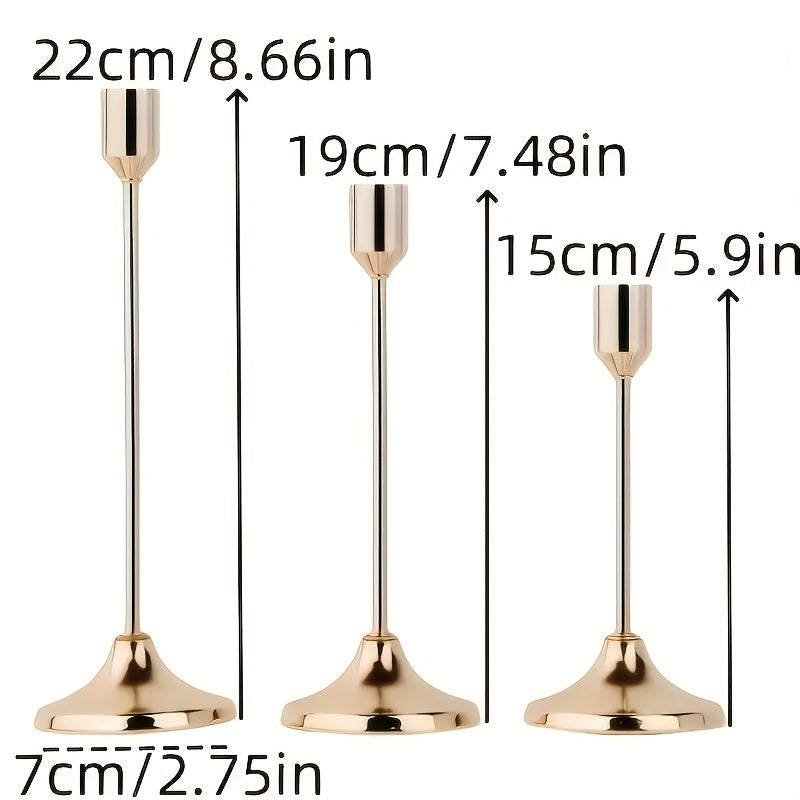Metal Candle Holders Three-Piece Set for Wedding Centerpieces, Anniversary Dinner Tables and Seasonal Decor with Golden-Tone, French Golden, Silvery or Black Labels