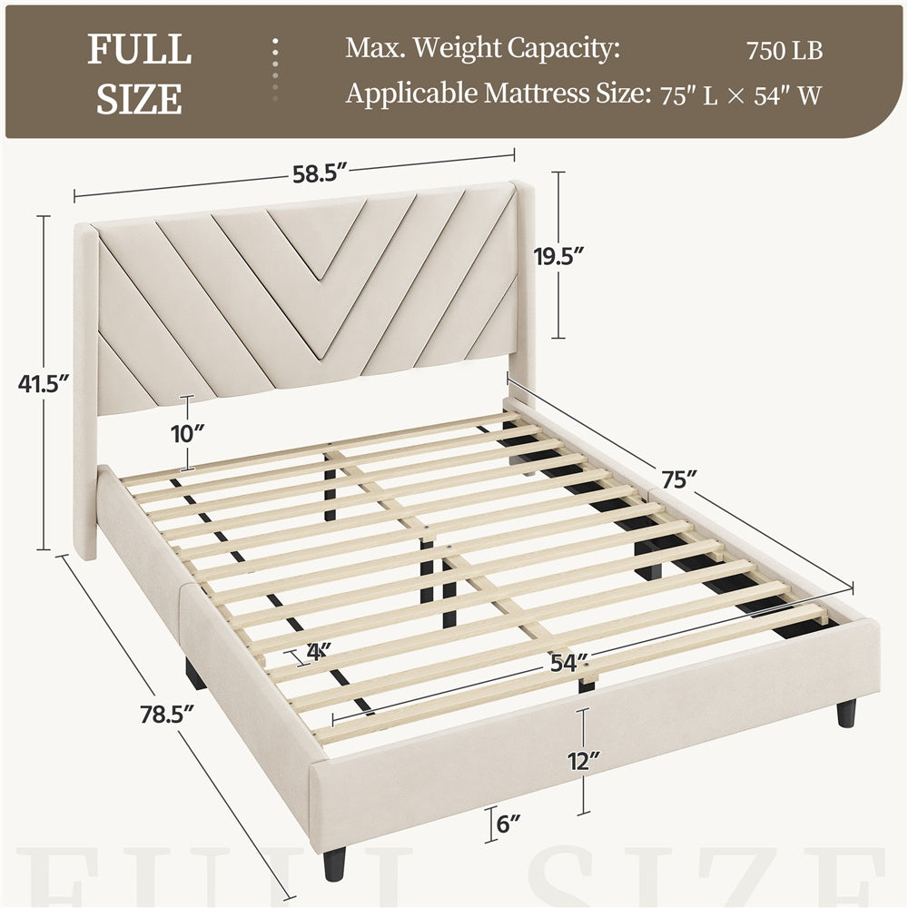 Velvet Platform Bed Frame by Costoffs with Wingback Headboard and Geometric Stitching, Wooden Slat Support, No Box Spring Needed, Twin to King Options