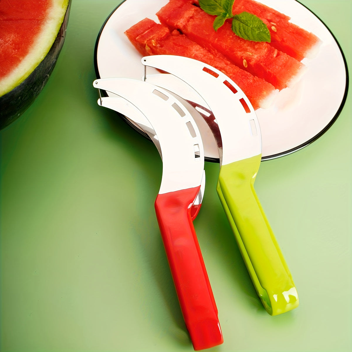 Watermelon Slicer Set for Fresh Fruit Preparation and Serving, Red and Green Tools with Listed Stainless Steel Material or Three-Piece Option with Watermelon Spoon
