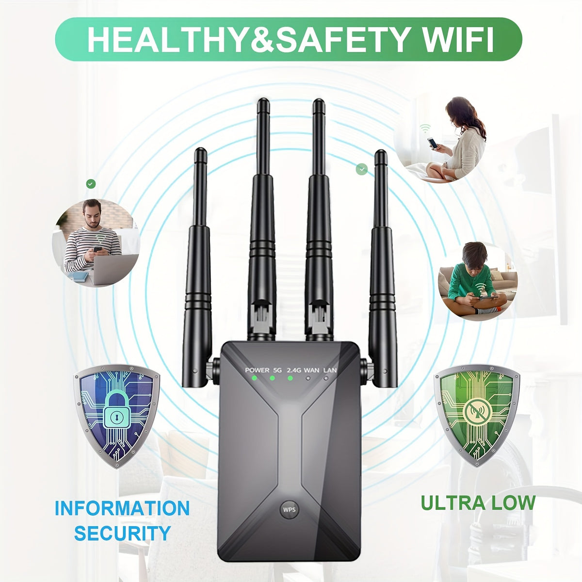 Black Dual-Band WiFi Extender with Ethernet Port, 2.4GHz and 5GHz Wireless Signal Booster and Repeater for Compatible Home Internet Networks