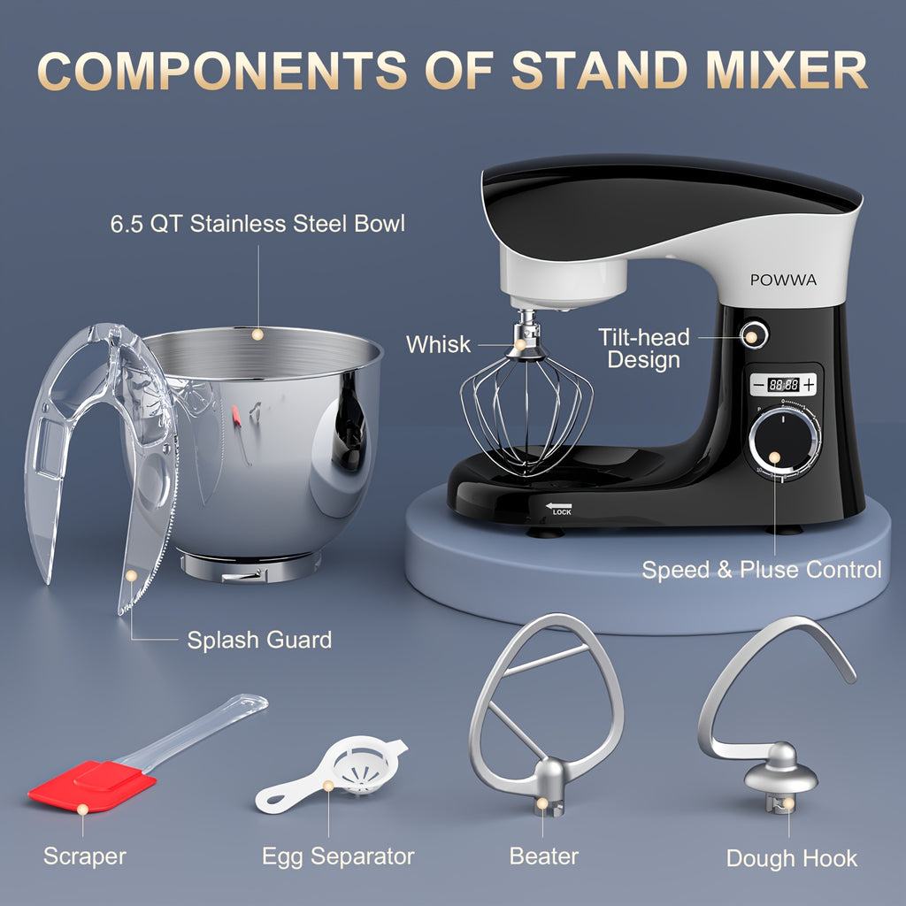 Stand Mixer 6.5 Qt with 10+P Speed Control, Whisk, Beater and Dough Hook, Electric Kitchen Baking Mixer in White Accent Color Options for Home Bakers