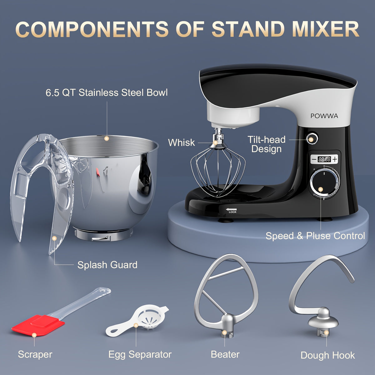 Stand Mixer 6.5 Qt with 10+P Speed Control, Whisk, Beater and Dough Hook, Electric Kitchen Baking Mixer in White Accent Color Options for Home Bakers