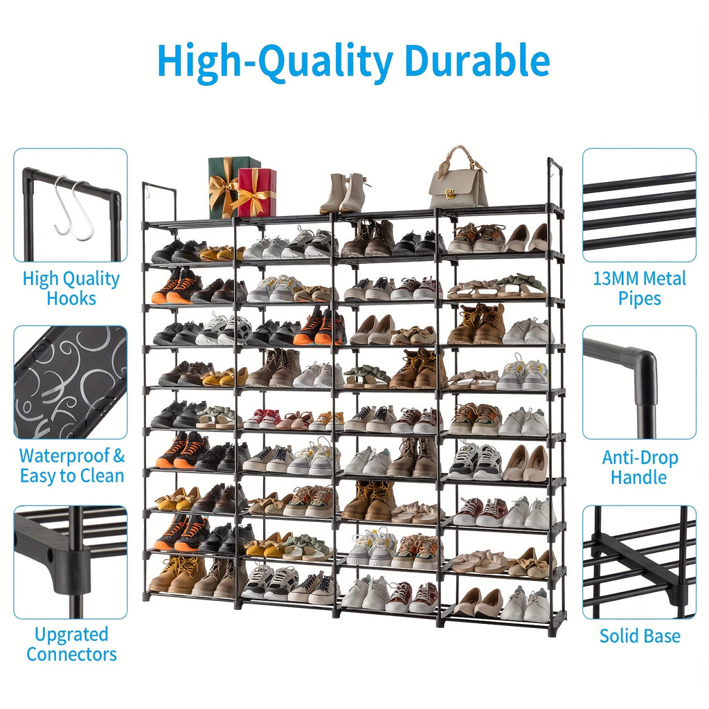 Modular Shoe Rack Organizer with Listed Metal Tubes and Tool-Free Assembly, Nine or Ten Shelf Configuration Labels for Entryway, Closet and Dorm Footwear Storage