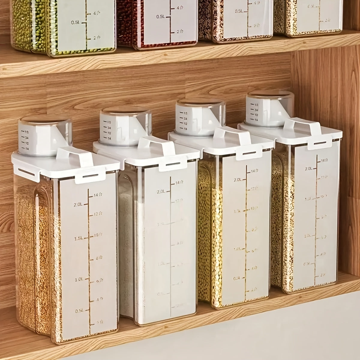 Square Pantry Storage Containers with Clip-On Closures, Listed Four-Piece Plastic Set and 3L/102oz Capacity Wording for Rice, Grain and Nut Organization