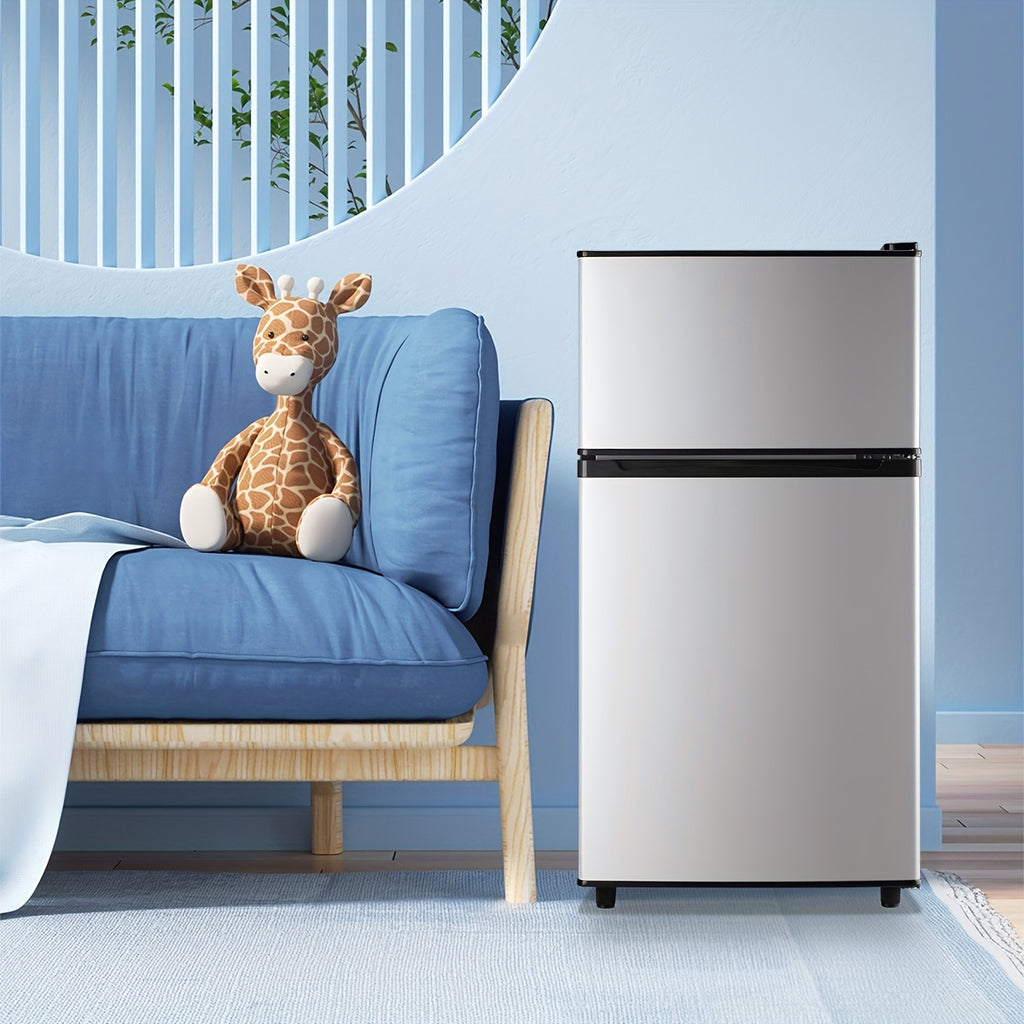 Two-Door Compact Fridge with Freezer, Silvery 2.5 or 3.5 Cu Ft Options with Seven-Level Thermostat and Removable Shelves for Dorm, Office and Bedroom Storage