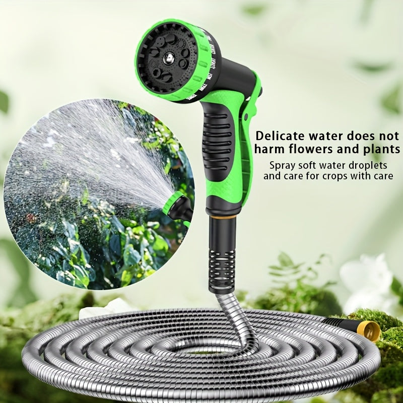 Stainless Steel Garden Hose with 10-Function Nozzle and Brass Joint, Metal Watering Hose in Multiple Length and Upgrade Kit Options for Yard and Car Care