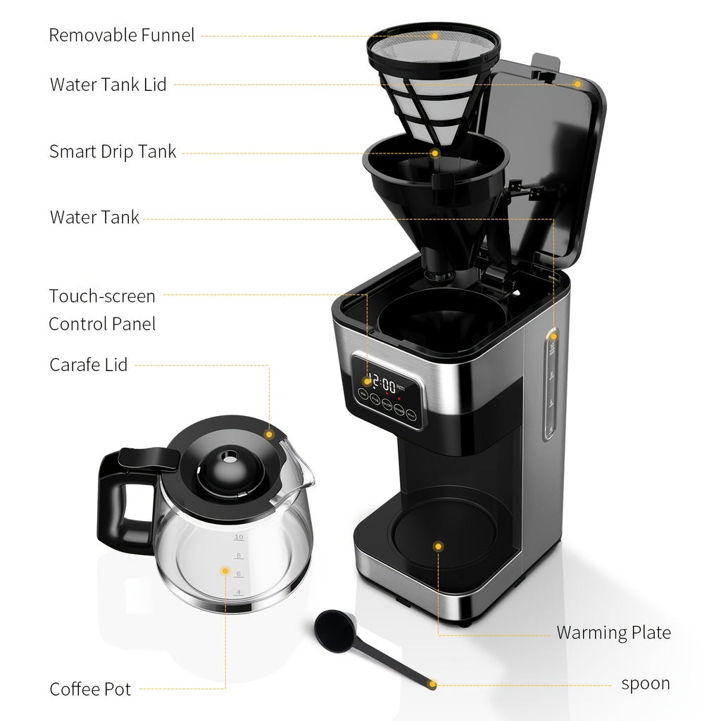 10-Cup Drip Coffee Maker with Programmable Touch-Screen Controls and Pause & Serve, Stainless Steel Black Finish for Everyday Home Coffee Bars