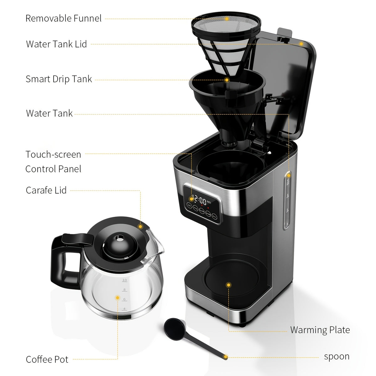 10-Cup Drip Coffee Maker with Programmable Touch-Screen Controls and Pause & Serve, Stainless Steel Black Finish for Everyday Home Coffee Bars