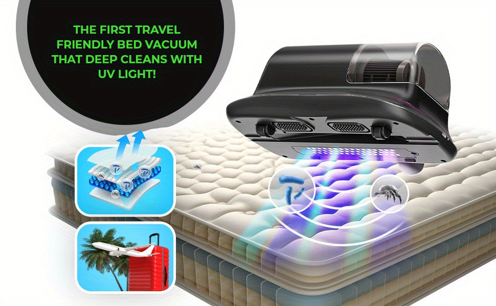 Purple Cordless Mattress Vacuum Cleaner with Handheld Design and Listed HEPA, Heating and Ultrasonic Features for Compatible Beds, Sofas, Upholstery and Carpet Cleanup